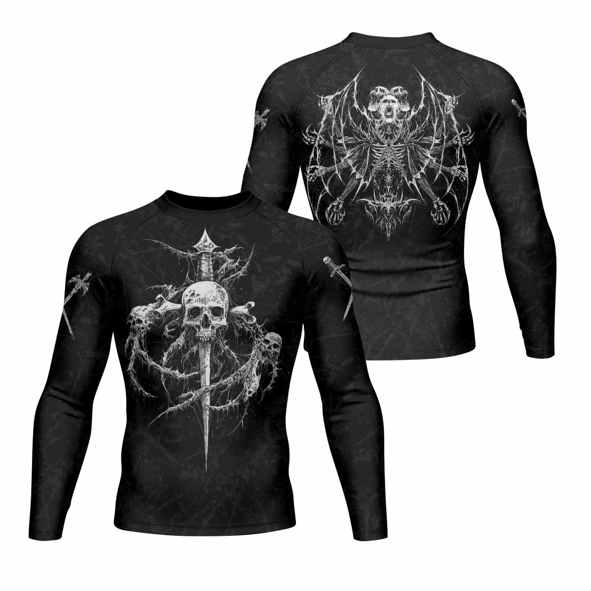 Throne Pierced Men’s Long Sleeve Rash Guard - front and back view