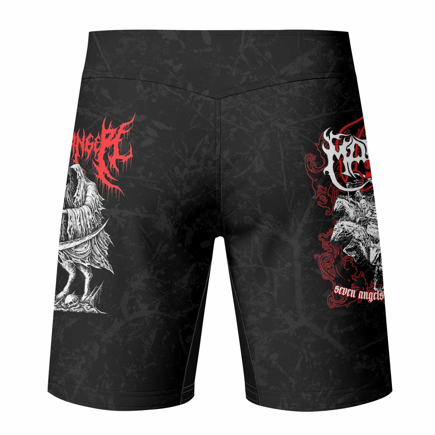 Trumpets of the End Fight Shorts – back view mockup