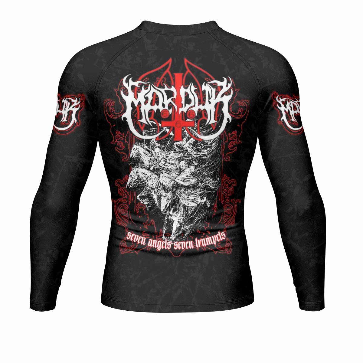 Trumpets of the End Men’s Long Sleeve Rash Guard - back view mockup