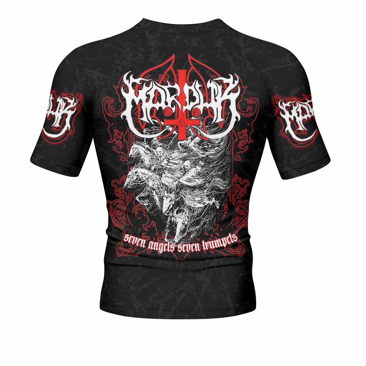 Trumpets of the End Men’s Short Sleeve Rash Guard - back view mockup
