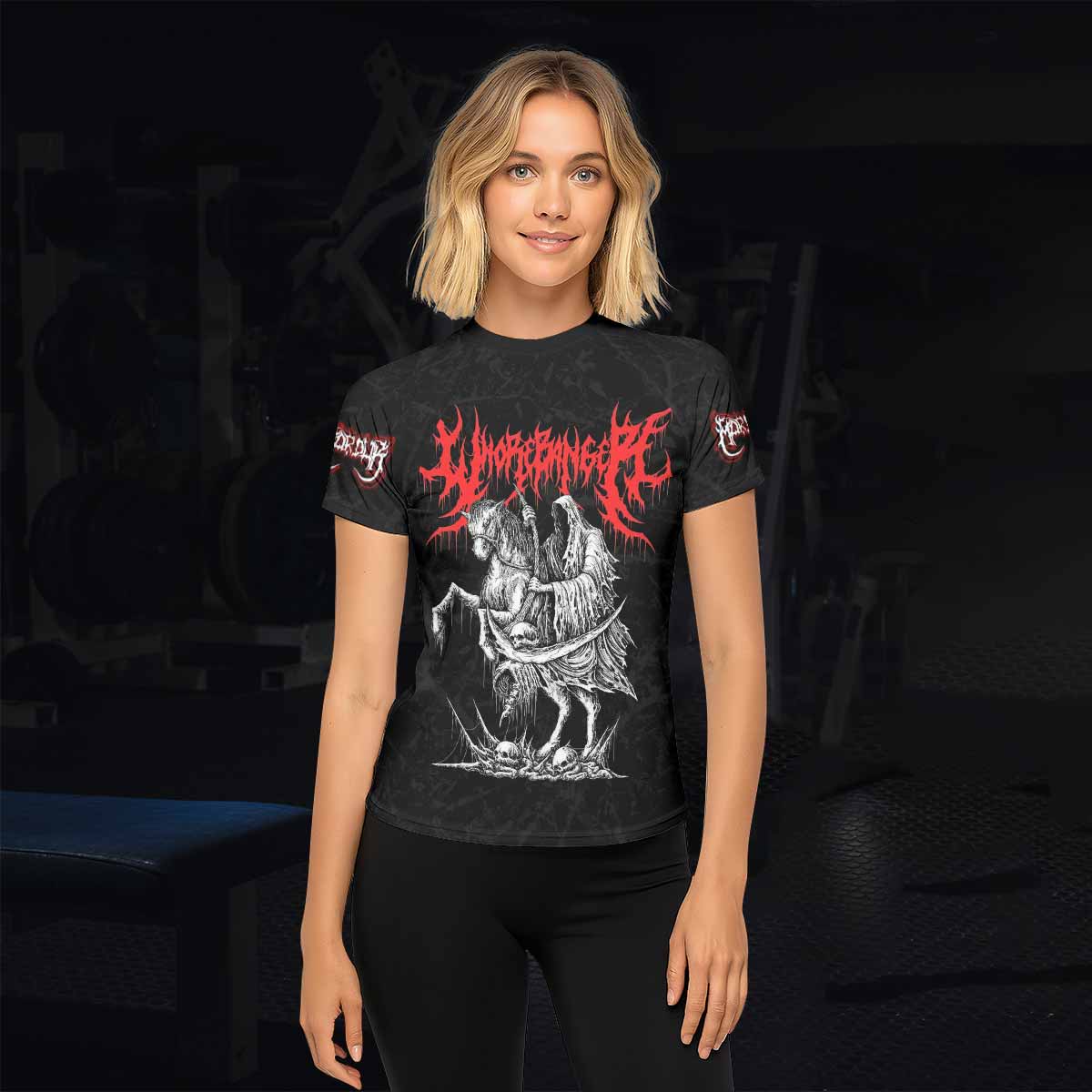 Trumpets of the End Women’s Short Sleeve Rash Guard - lifestyle view