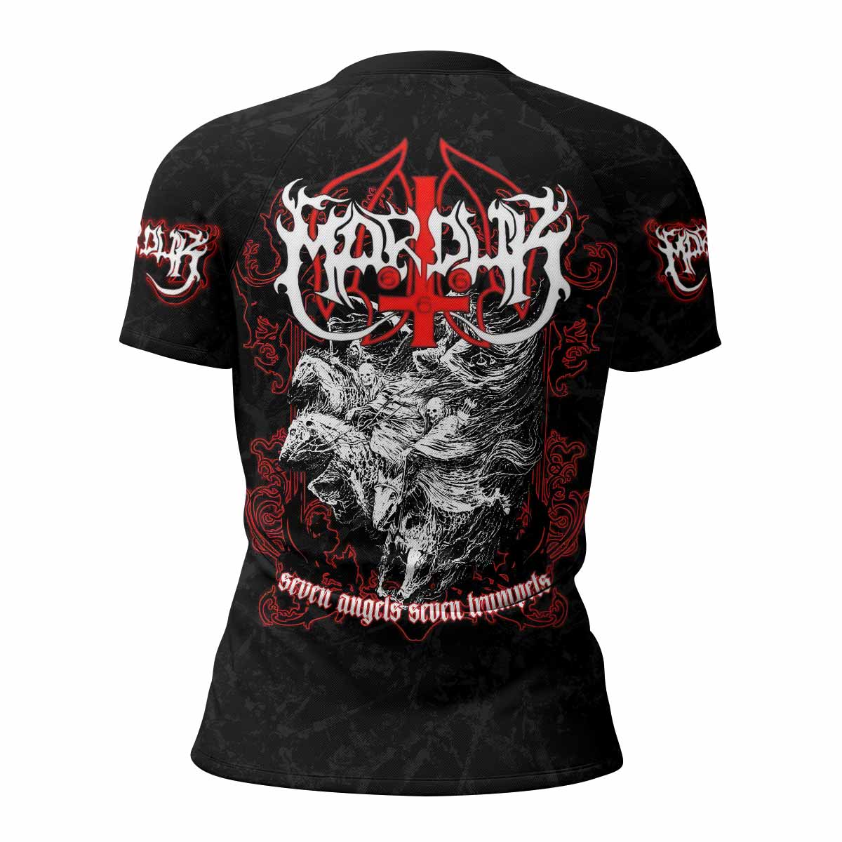 Trumpets of the End Women’s Short Sleeve Rash Guard - back view mockup