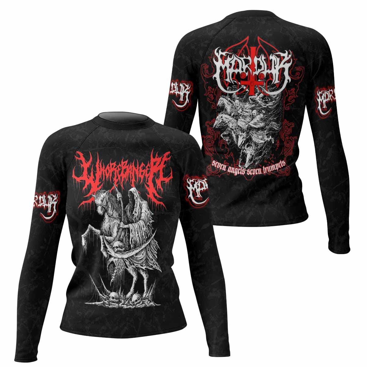 Trumpets of the End Women’s Long Sleeve Rash Guard - front and back view