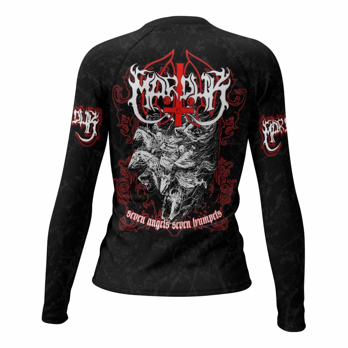 Trumpets of the End Women’s Long Sleeve Rash Guard - back view mockup