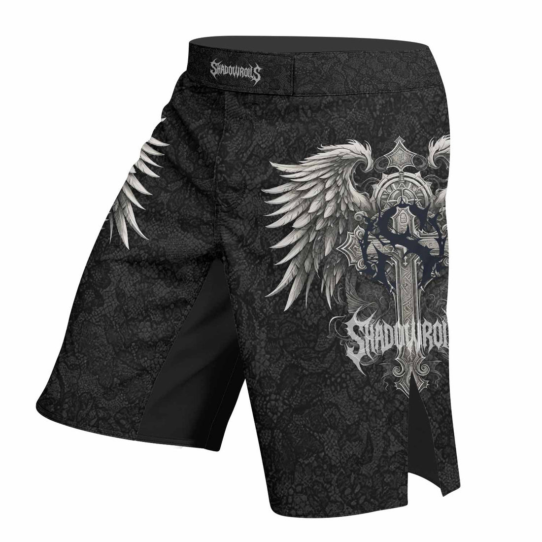 Twin Skulls Covenant Fight Shorts - right side mockup