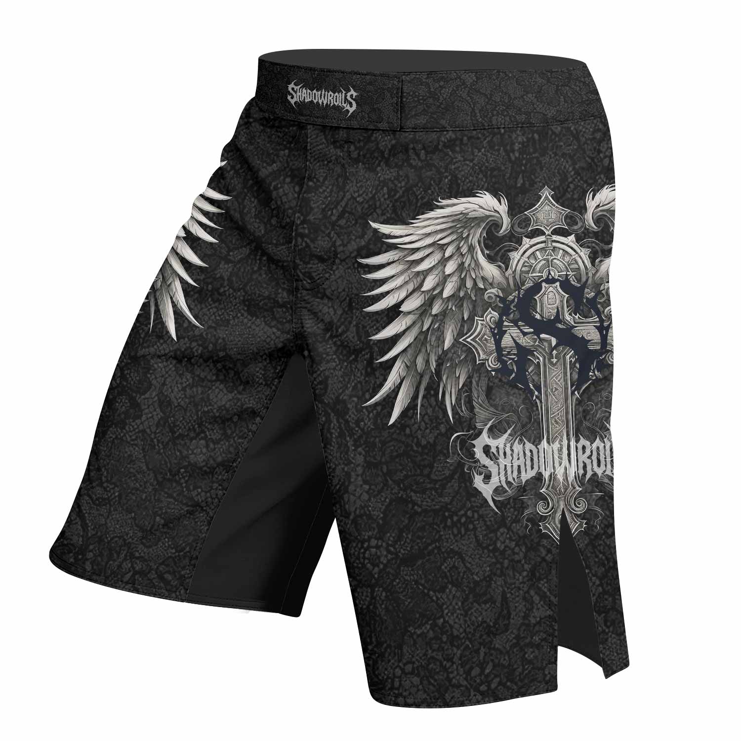Twin Skulls Covenant Fight Shorts - left side mockup