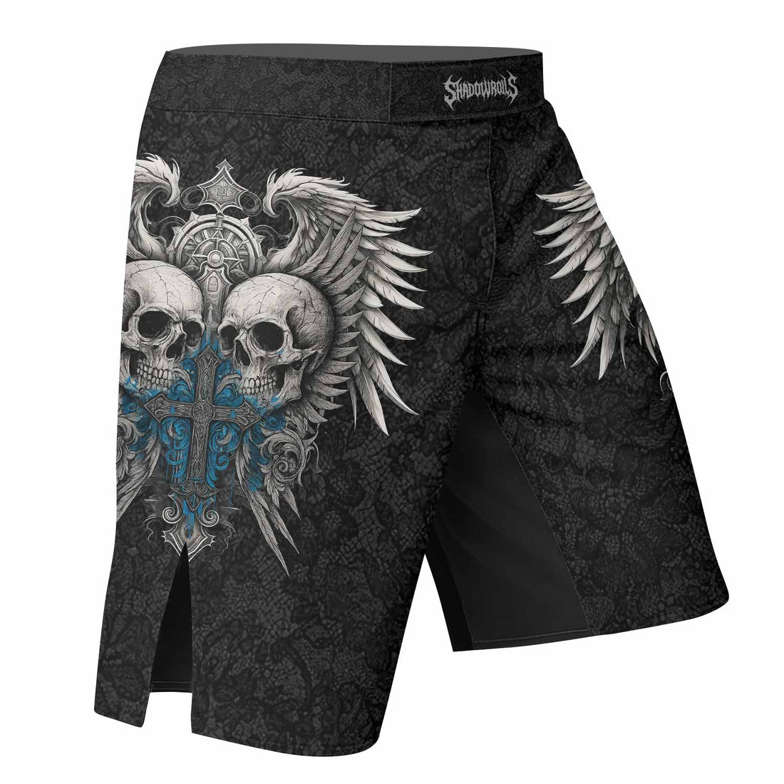 Twin Skulls Covenant Fight Shorts - right side mockup