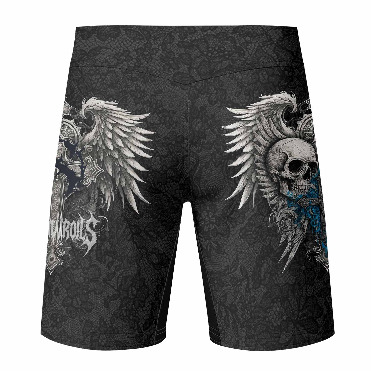 Twin Skulls Covenant Fight Shorts - back view mockup