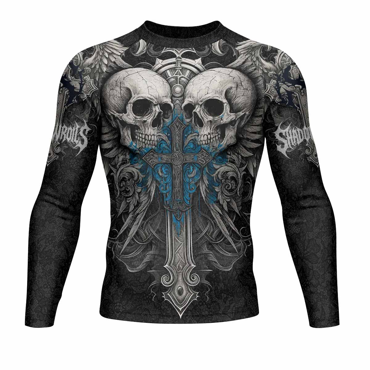 Twin Skulls Covenant Men's Rash Guard Long Sleeve - front view mockup 