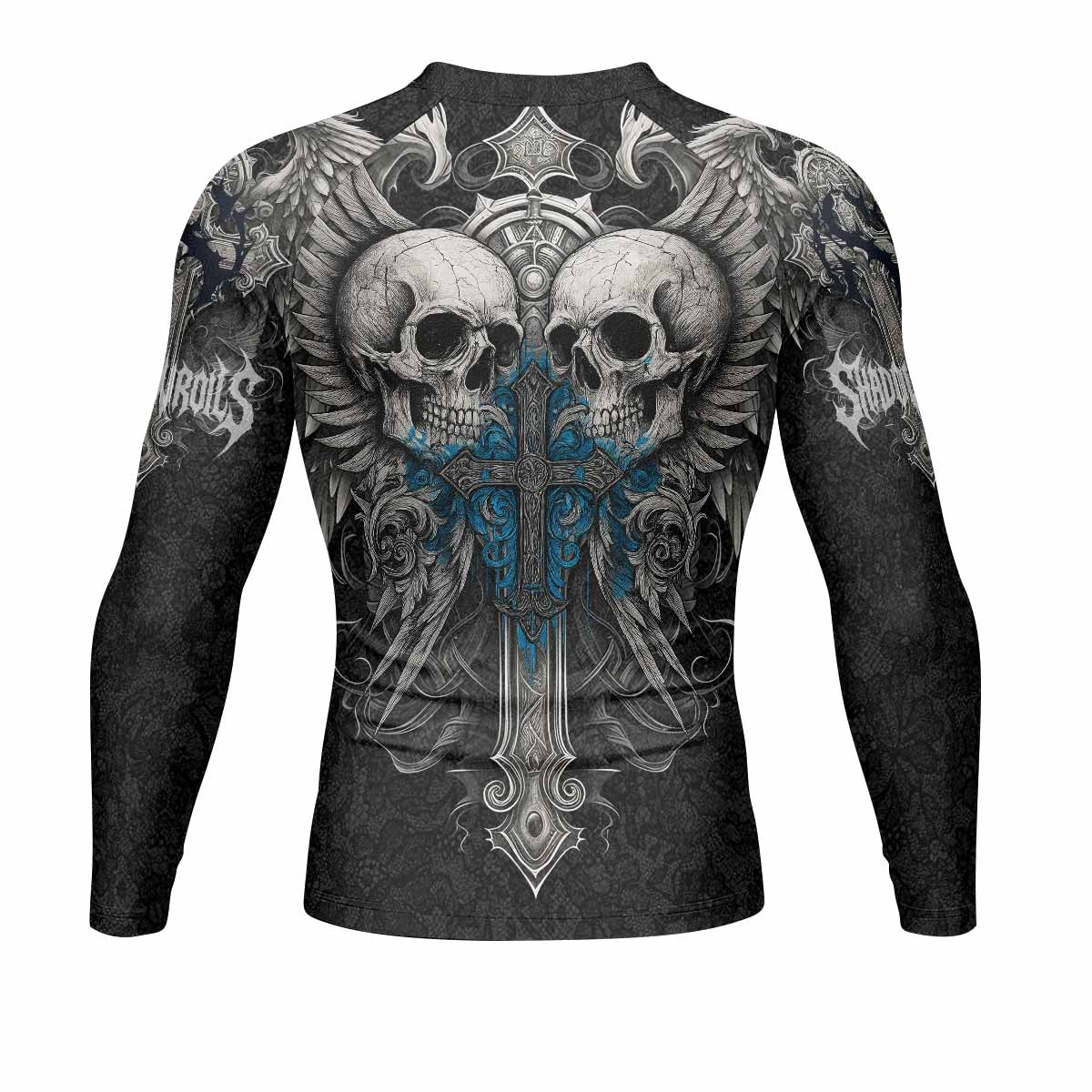 Twin Skulls Covenant Men's Rash Guard Long Sleeve - back view mockup 