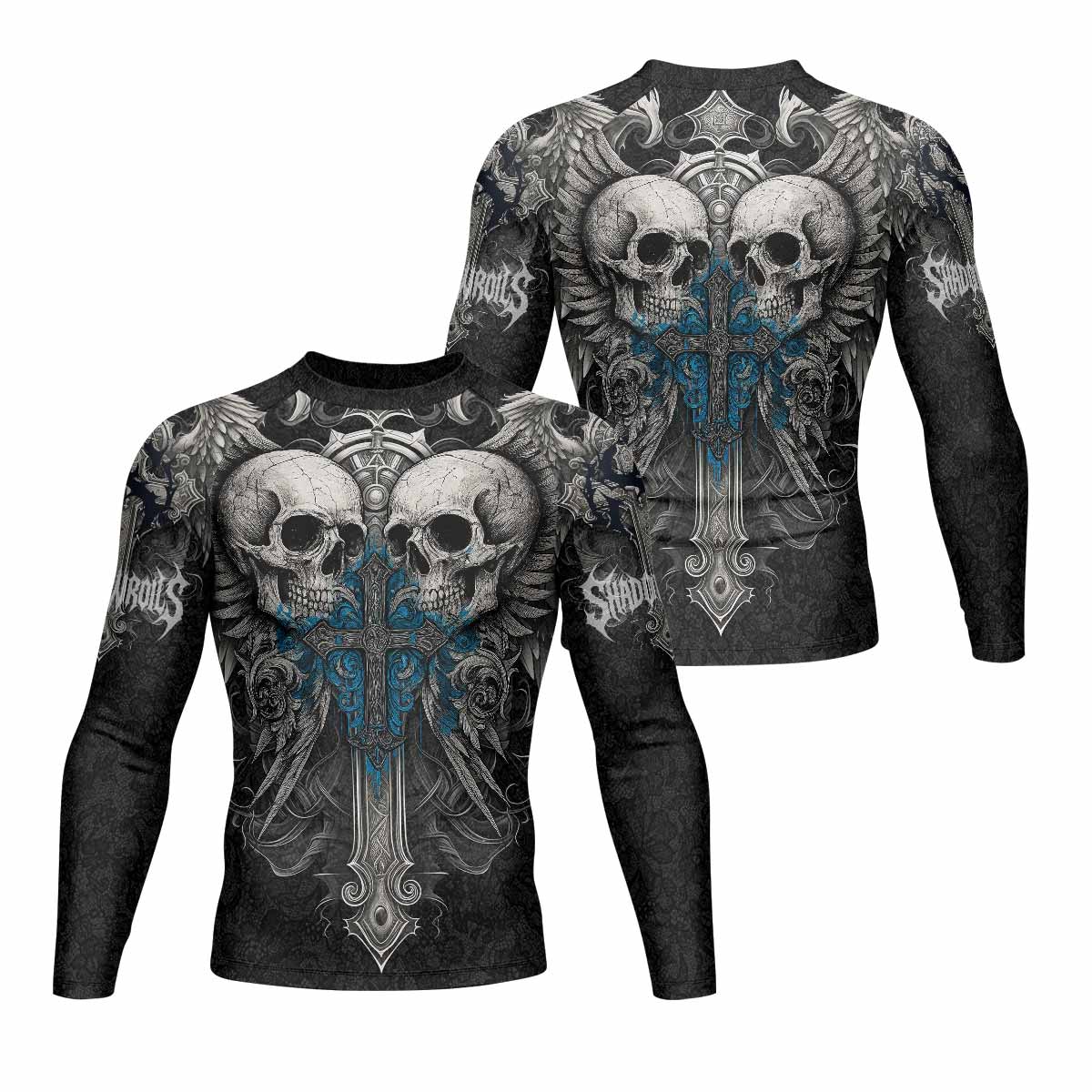 Twin Skulls Covenant Men's Rash Guard Long Sleeve - front and back view