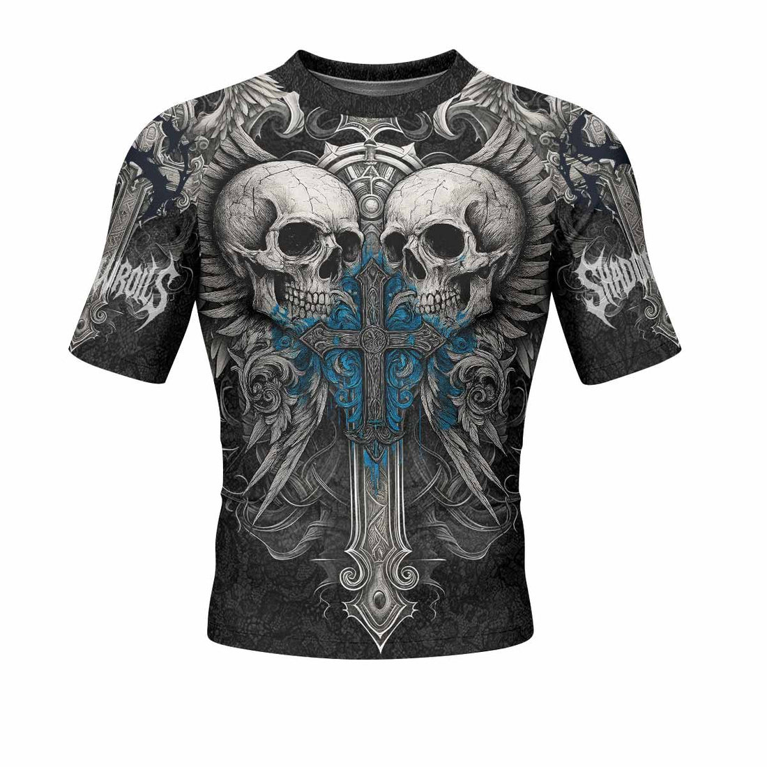 Twin Skulls Covenant Men's Rash Guard Short Sleeve - front and back view