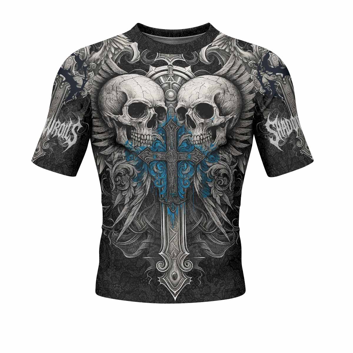 Twin Skulls Covenant Men's Rash Guard Short Sleeve - front view mockup 