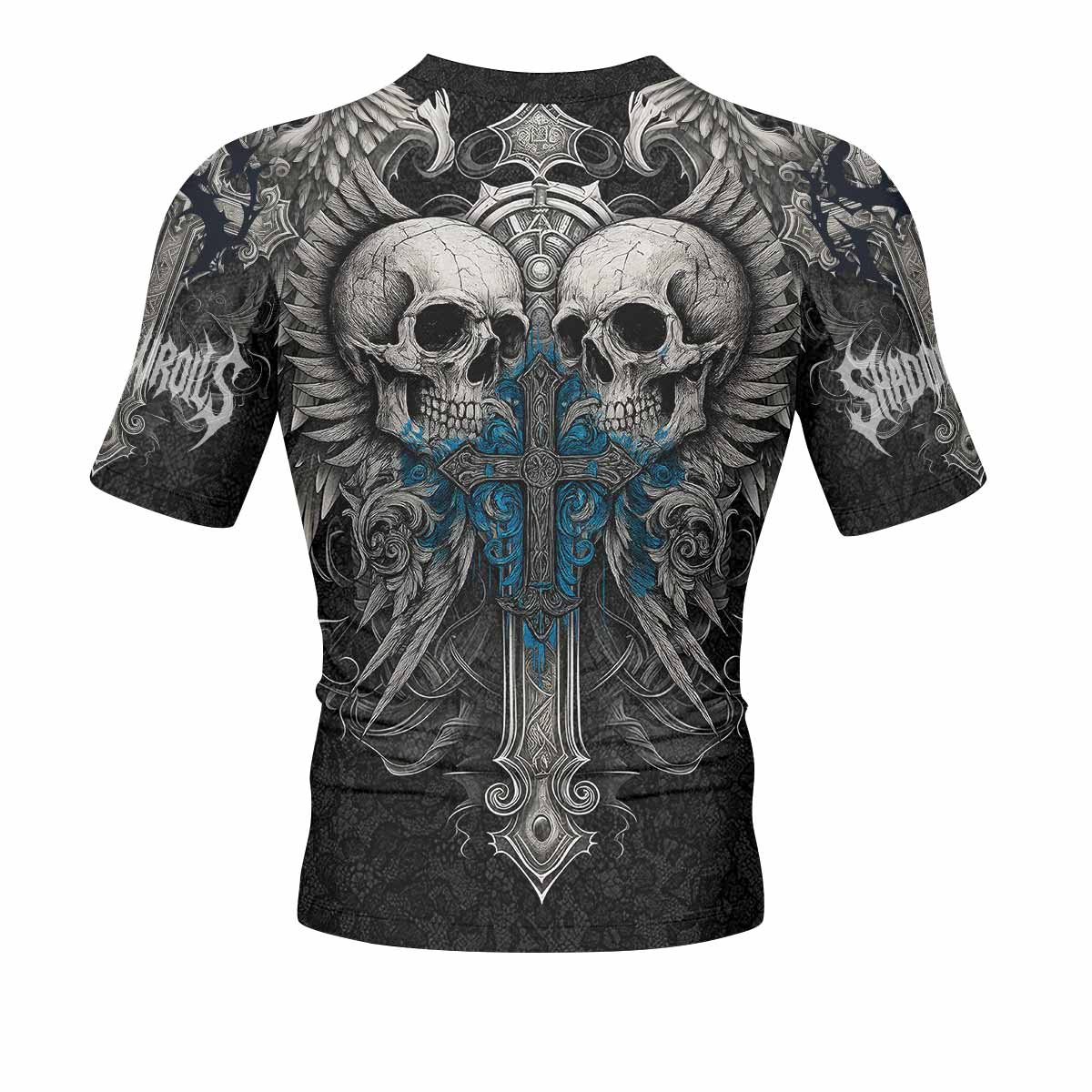 Twin Skulls Covenant Men's Rash Guard Short Sleeve - back view mockup 