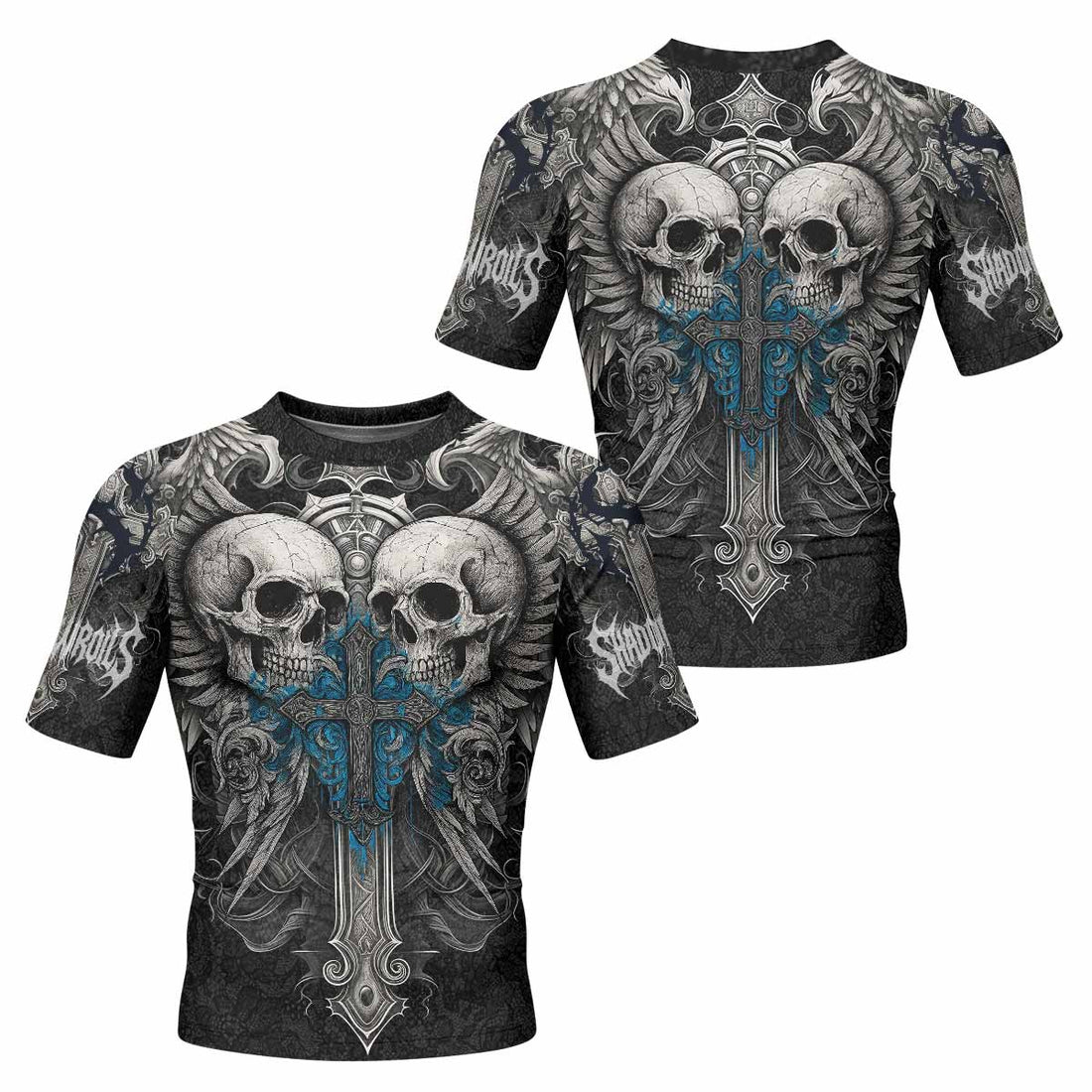 Twin Skulls Covenant Men's Rash Guard Short Sleeve - front and back view