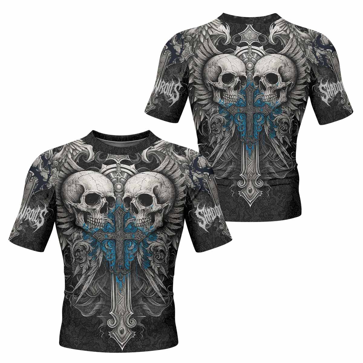Twin Skulls Covenant Men's Rash Guard Short Sleeve - front and back view
