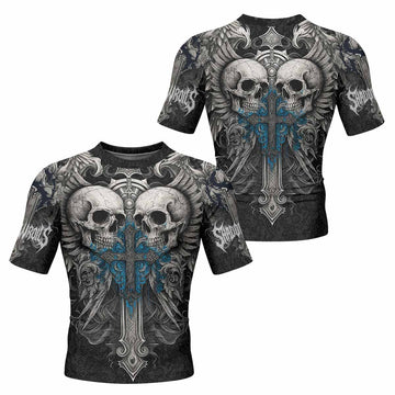 Twin Skulls Covenant Men's Rash Guard Short Sleeve - front and back view