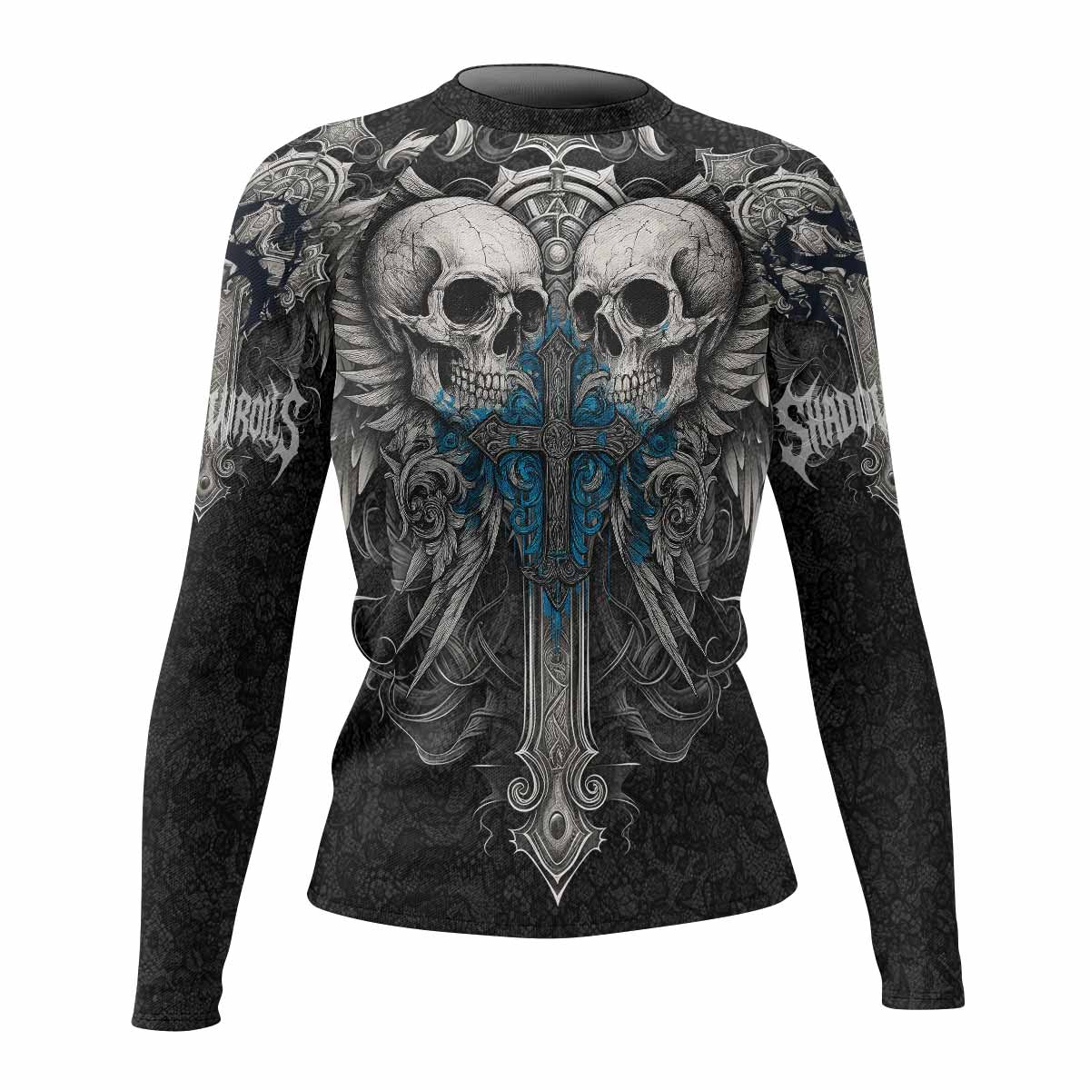 Twin Skulls Covenant Women's Rash Guard Long Sleeve - front view mockup 