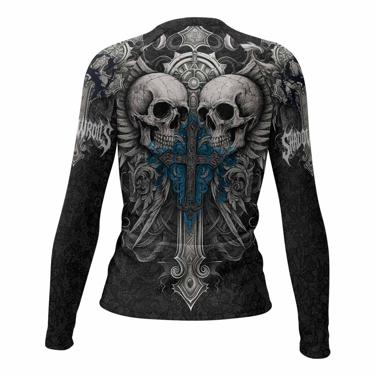 Twin Skulls Covenant Women's Rash Guard Long Sleeve - back view mockup 