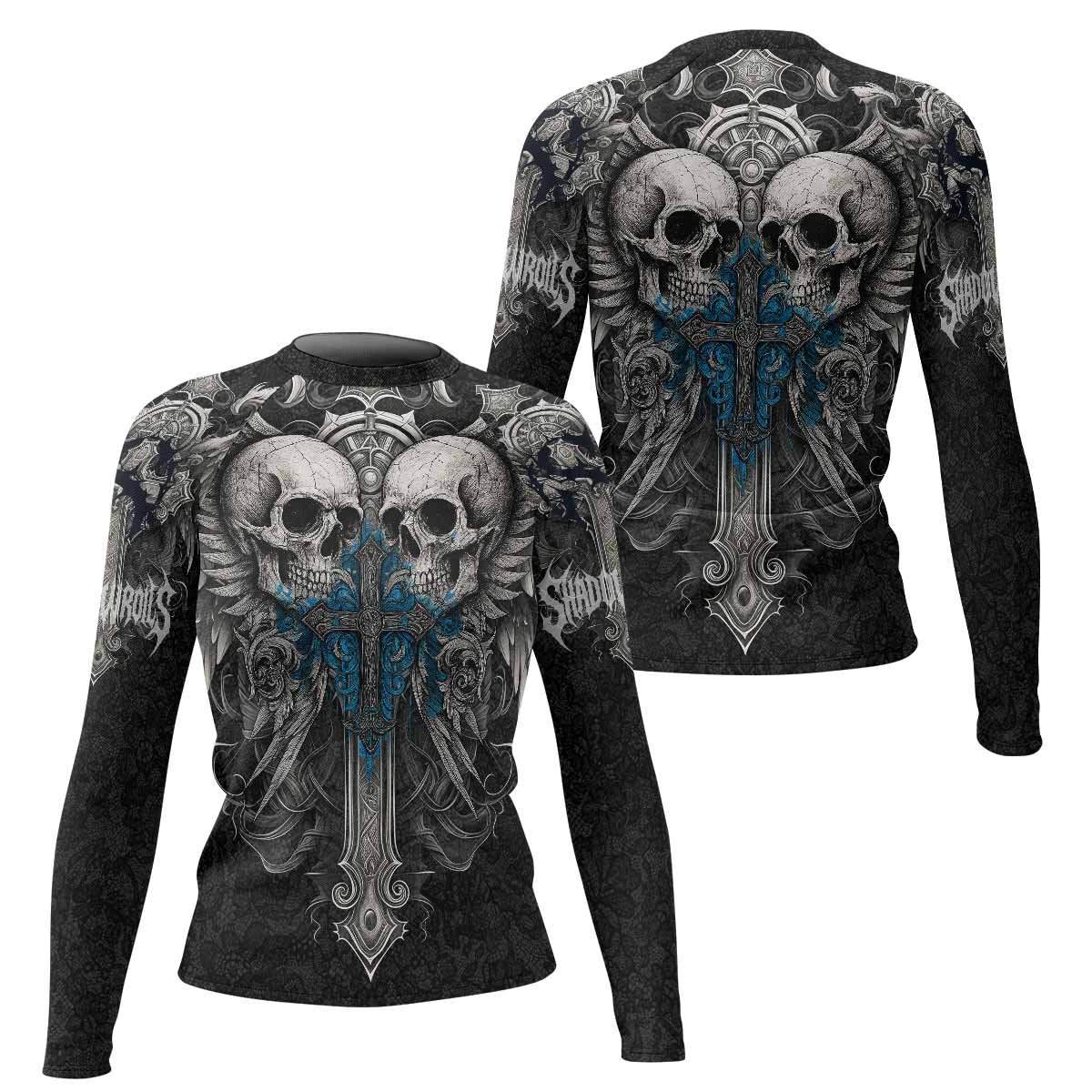 Twin Skulls Covenant Women's Rash Guard Long Sleeve - front and back view
