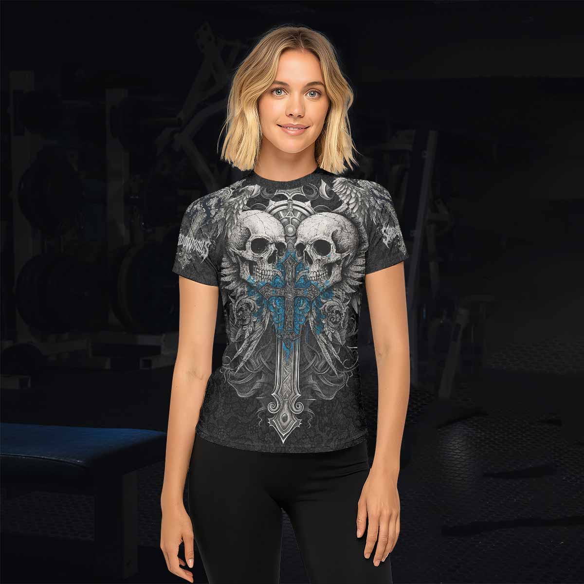 Twin Skulls Covenant Women's Rash Guard Short Sleeve - lifestyle view