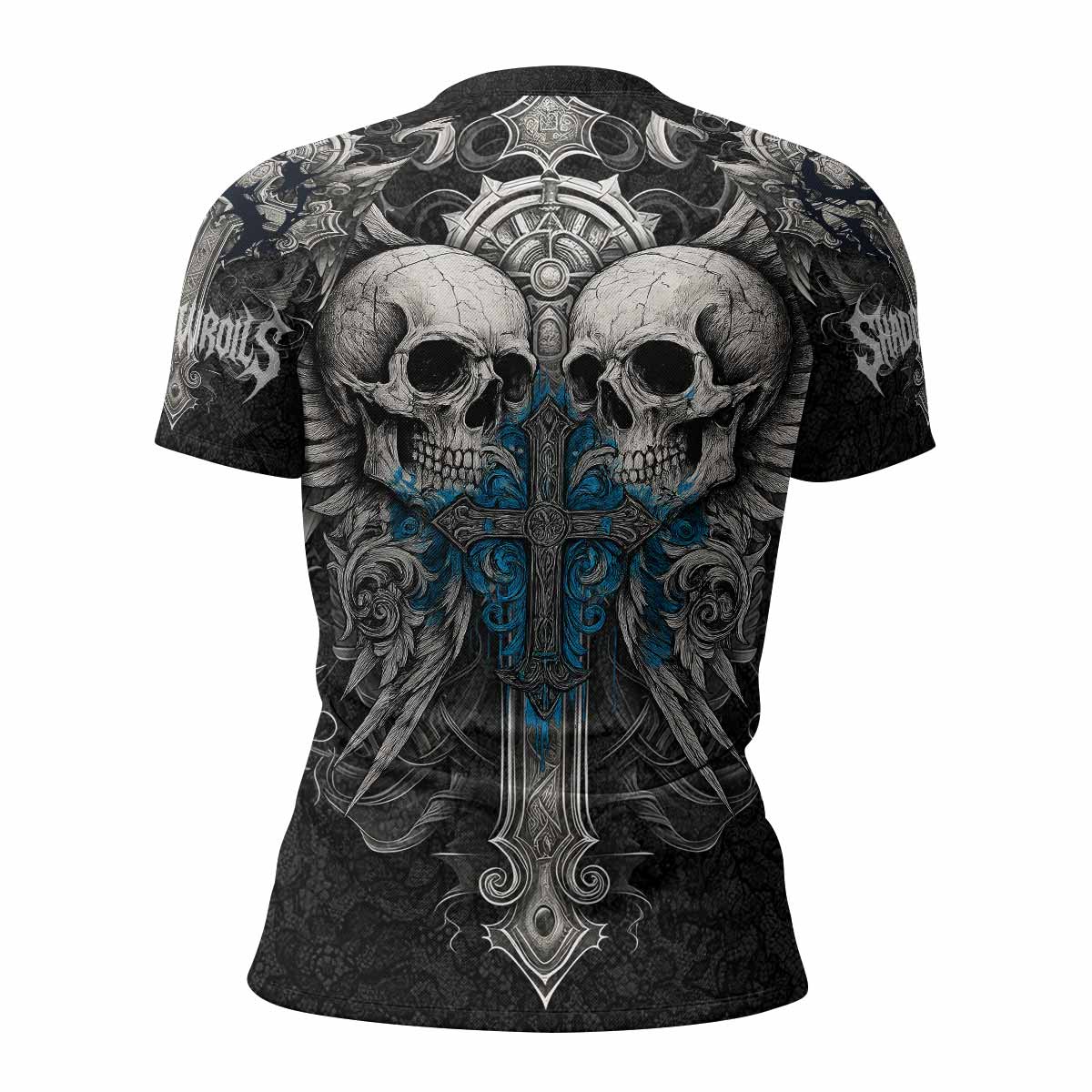 Twin Skulls Covenant Women's Rash Guard Short Sleeve - back view mockup 