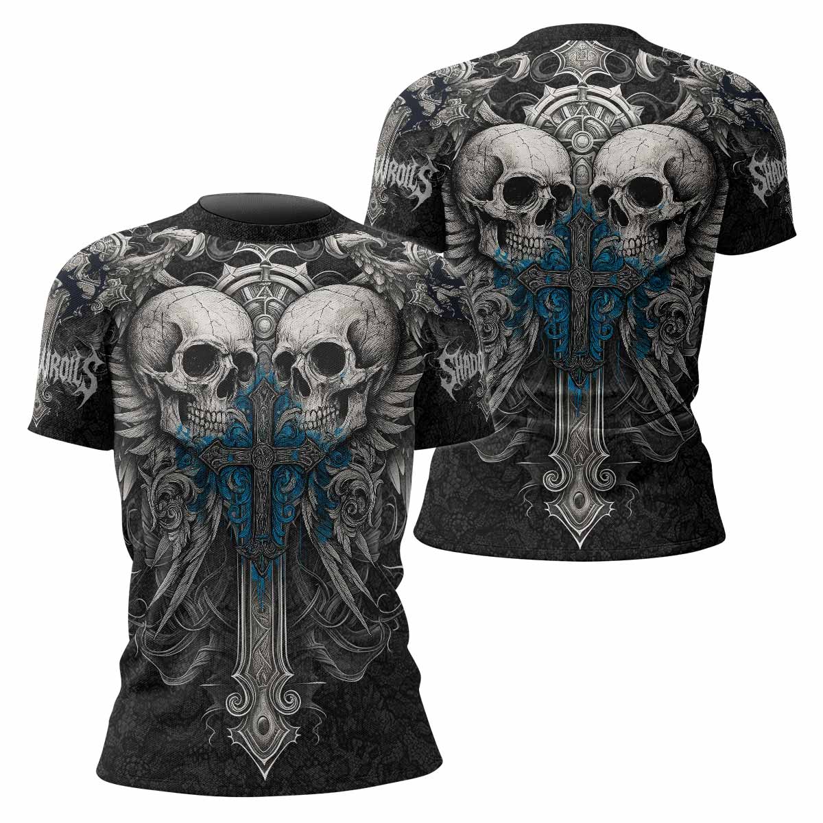 Twin Skulls Covenant Women's Rash Guard Short Sleeve - front and back view