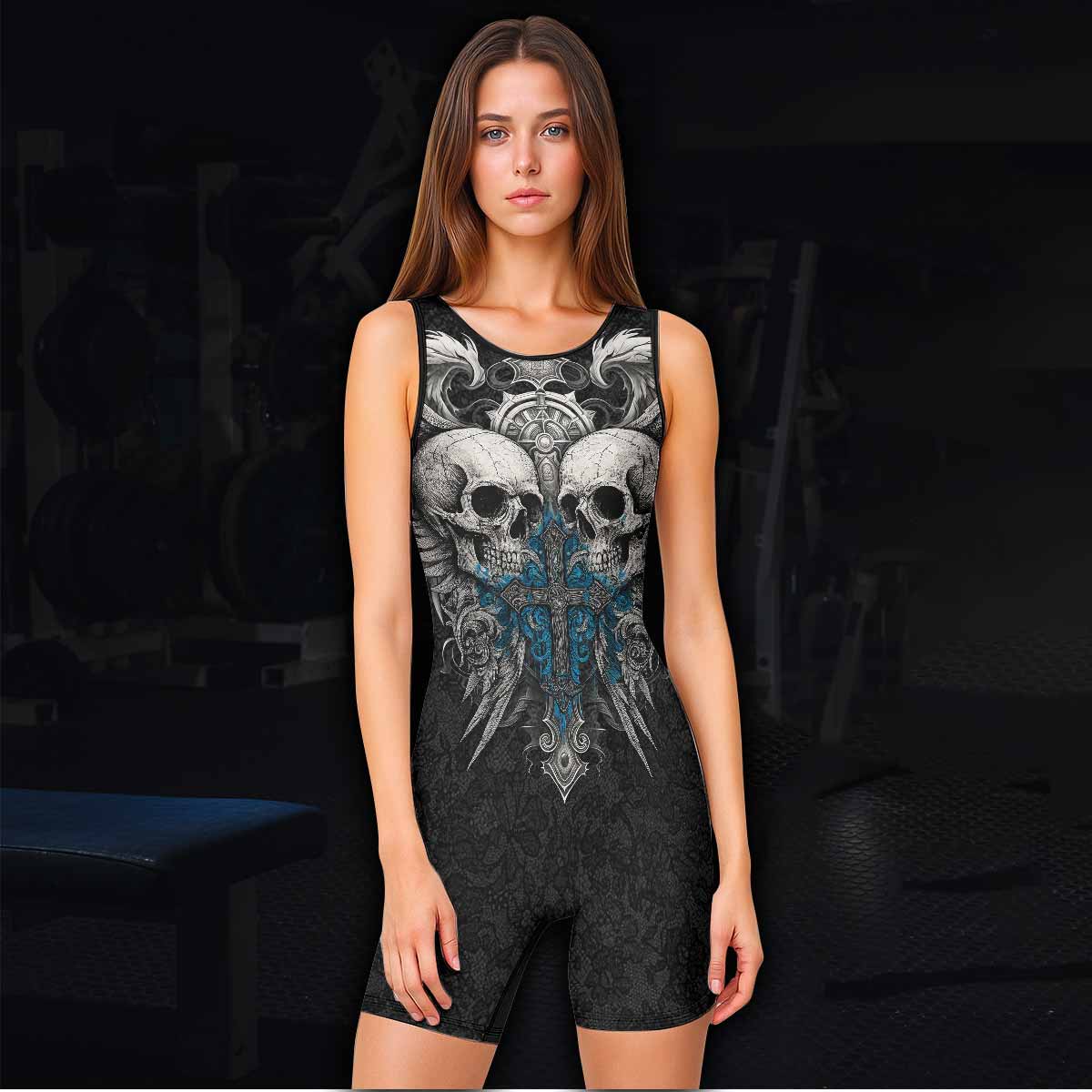 Twin Skulls Covenant Wrestling Singlet - women's lifestyle view