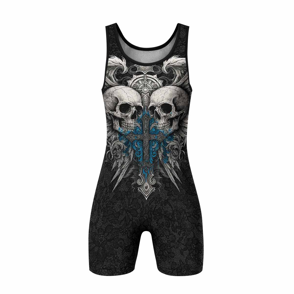 Twin Skulls Covenant Wrestling Singlet - front view mockup 