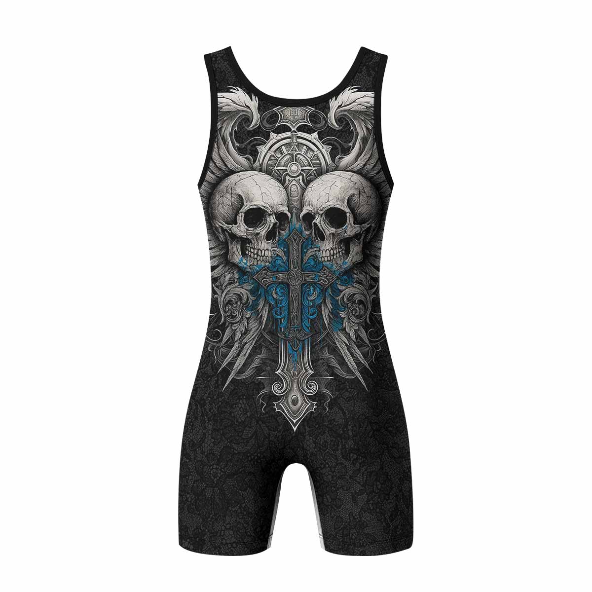 Twin Skulls Covenant Wrestling Singlet - back view mockup 