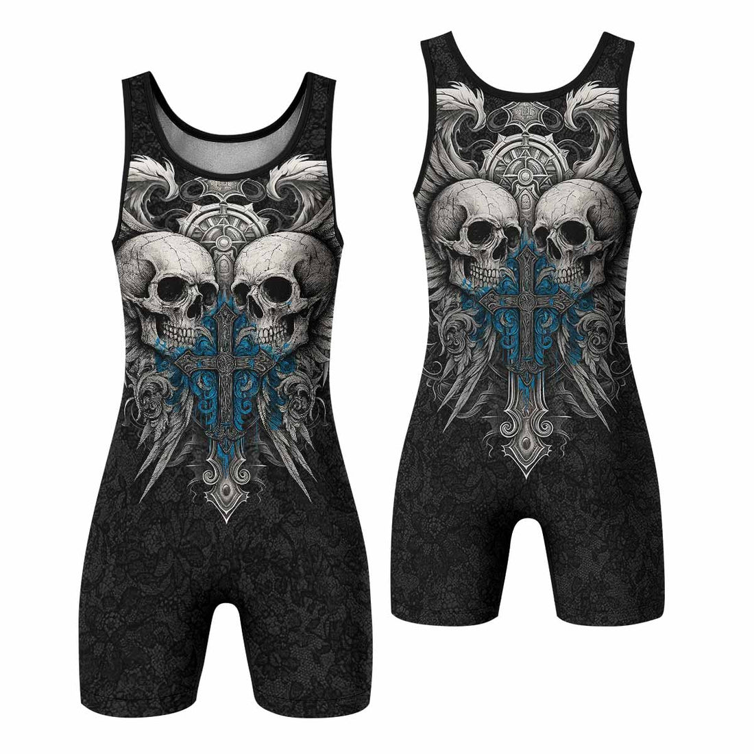 Twin Skulls Covenant Wrestling Singlet - front and back view