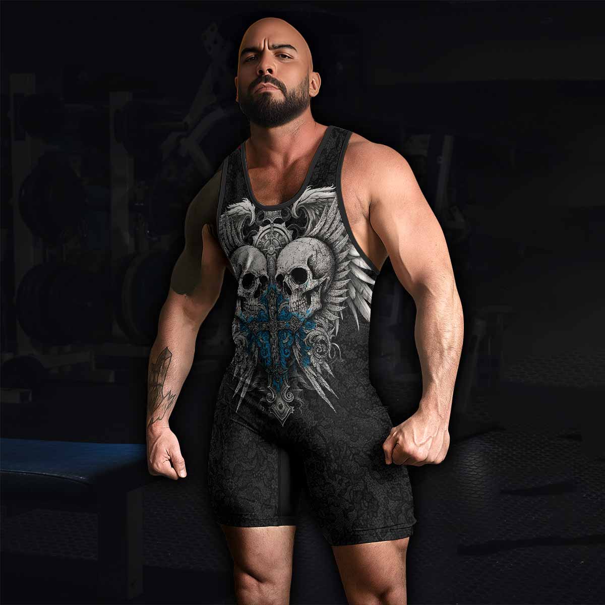 Twin Skulls Covenant Wrestling Singlet - men's lifestyle view