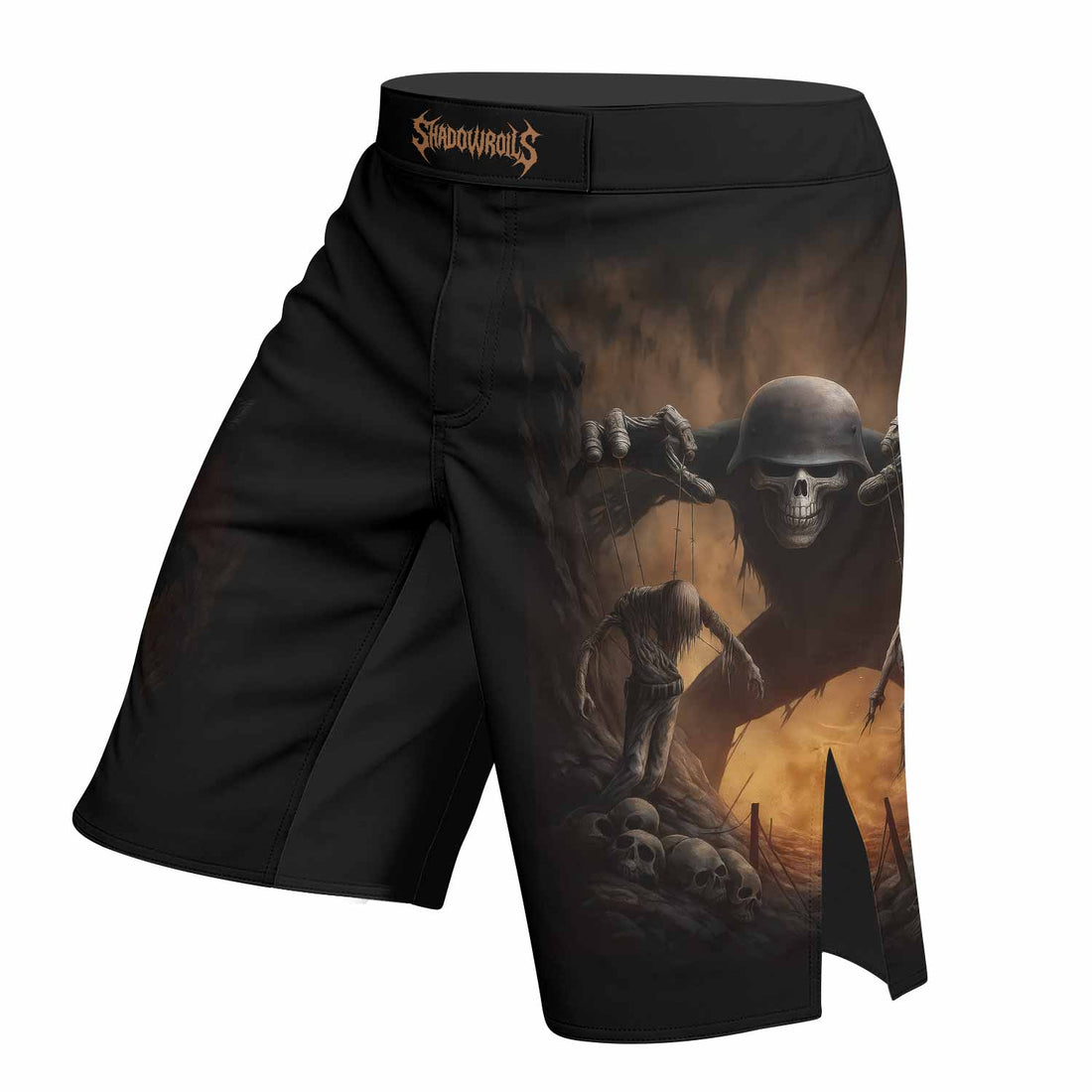 War Puppets Fight Shorts - right side mockup