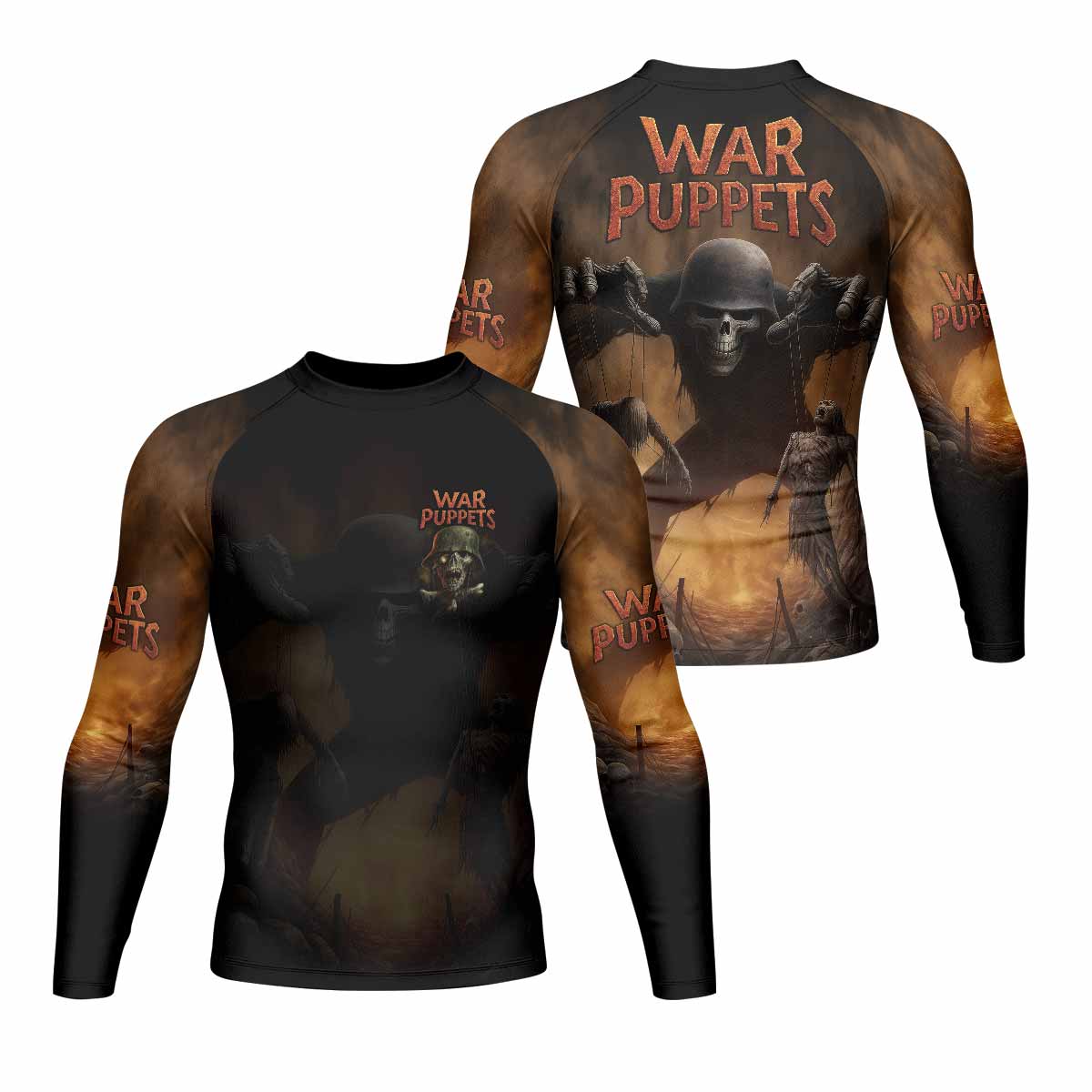 War Puppets Men's Rash Guard Long Sleeve - front and back view