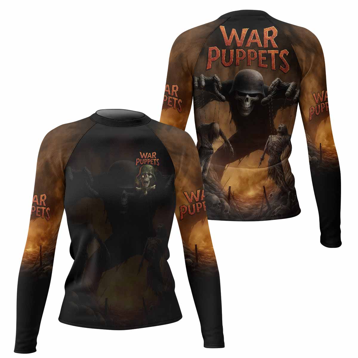 War Puppets Women's Rash Guard Long Sleeve - front and back view