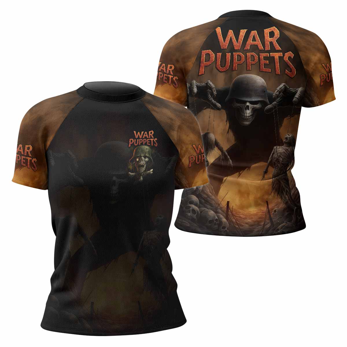 War Puppets Women's Rash Guard Short Sleeve - front and back view