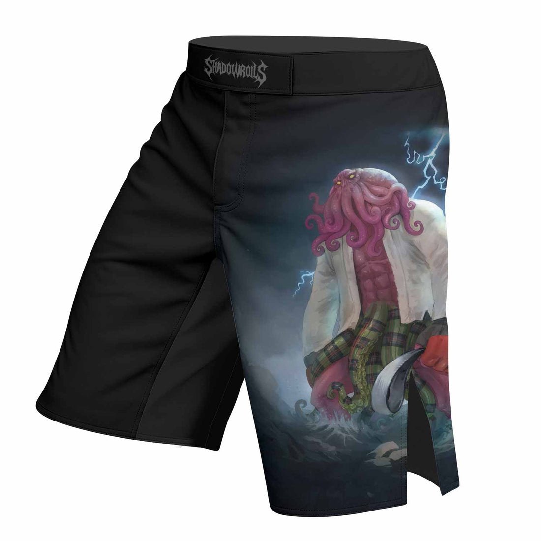 White Ranked Cthulhu MMA Fight Shorts – left side mockup