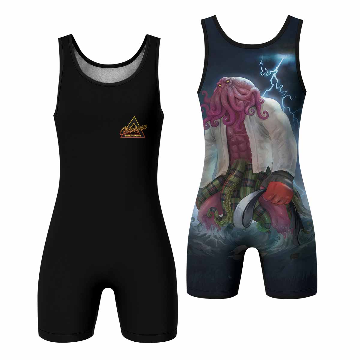 White Ranked Cthulhu Wrestling Singlet – front and back view
