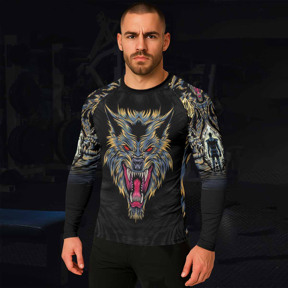 Wolf Rage Men's Rash Guard Long Sleeve - lifestyle view