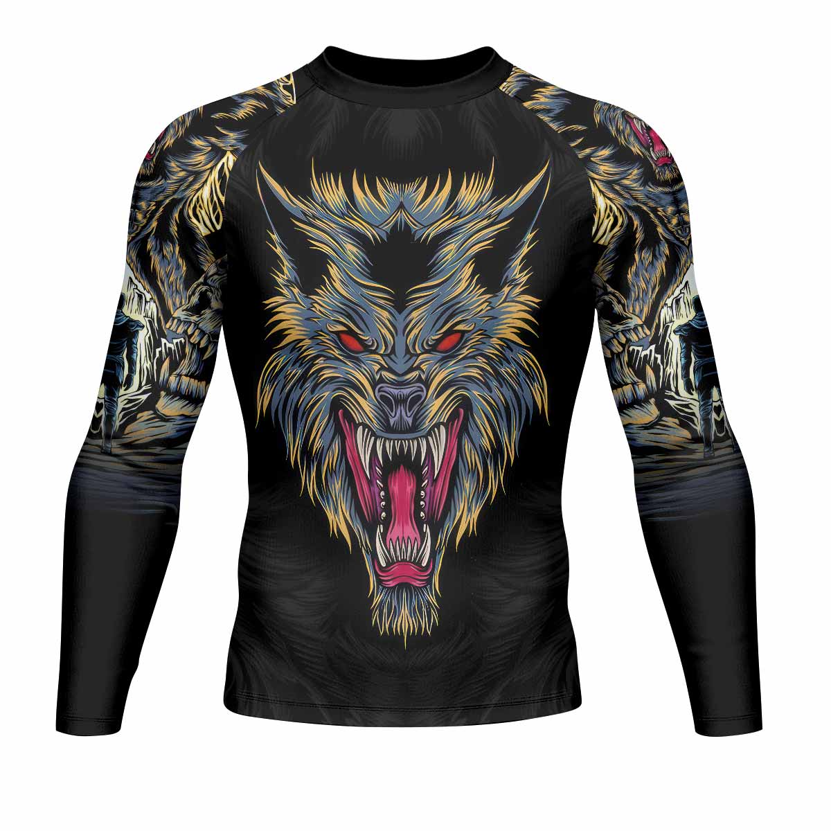Wolf Rage Men's Rash Guard Long Sleeve - front view mockup 