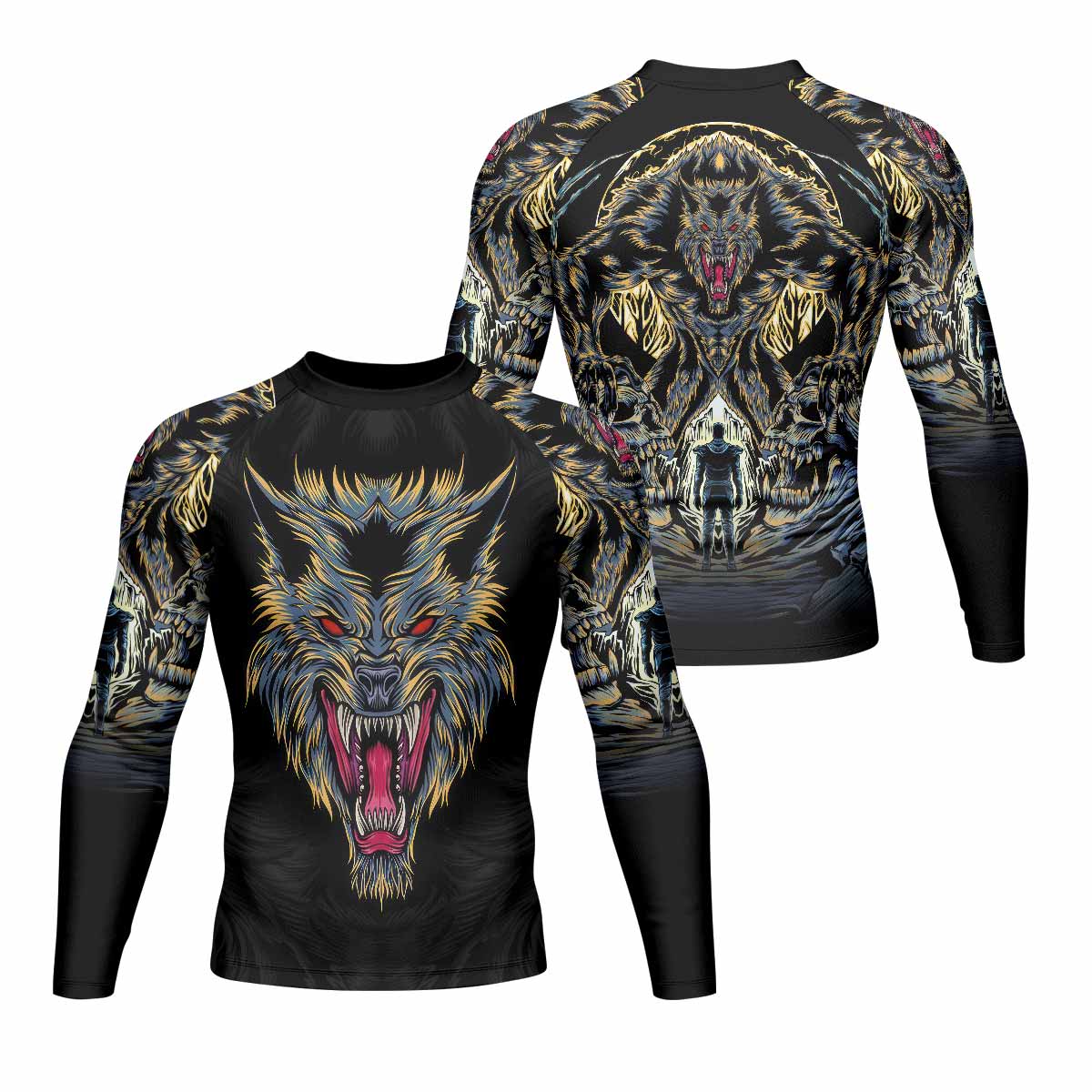 Wolf Rage Men's Rash Guard Long Sleeve - front and back view