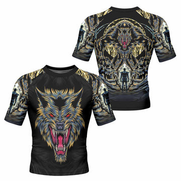 Wolf Rage Men's Rash Guard Short Sleeve - front and back view