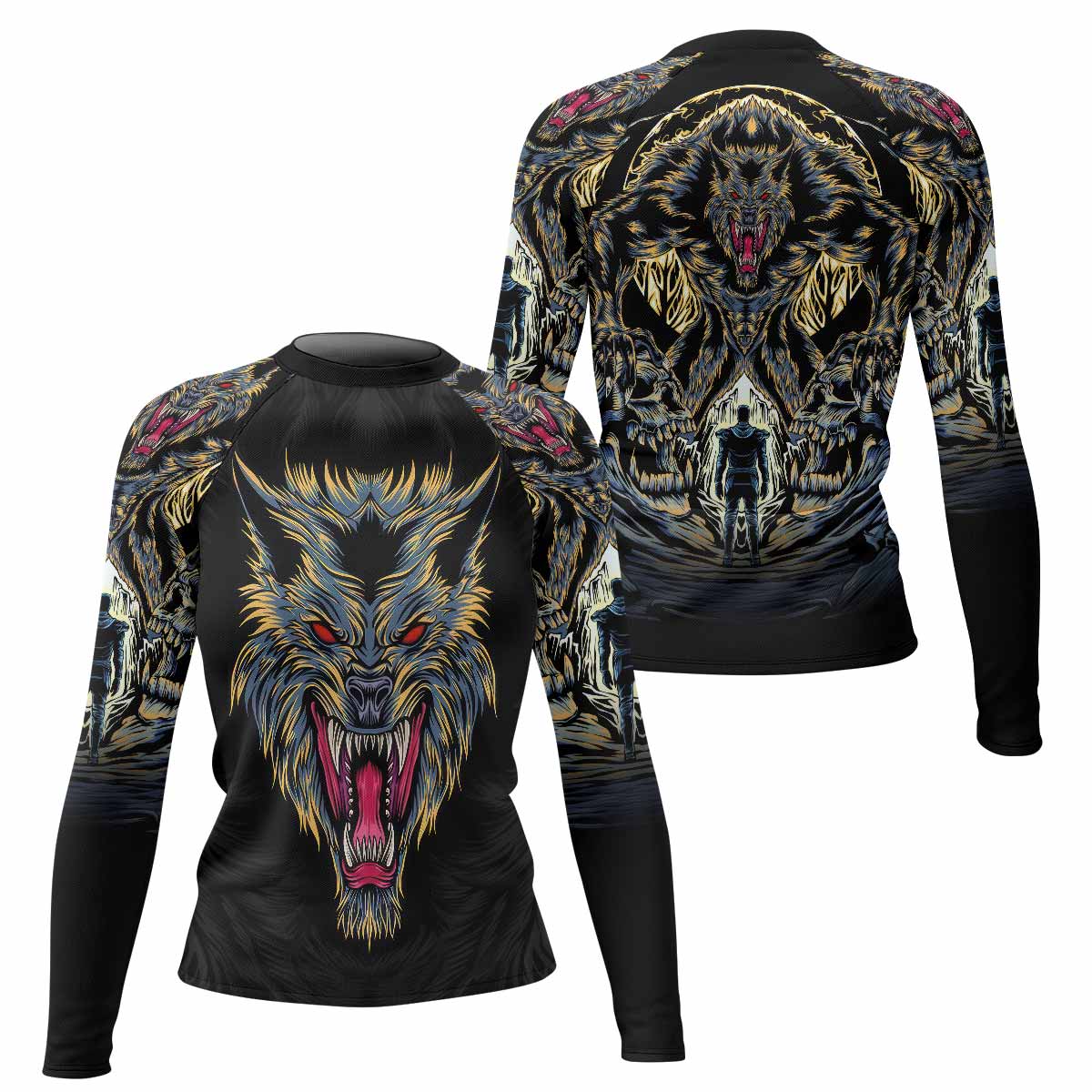 Wolf Rage Women's Rash Guard Long Sleeve - front and back view