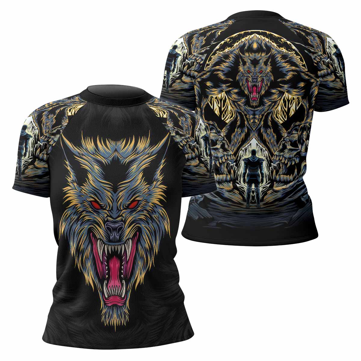 Wolf Rage Women's Rash Guard Short Sleeve - front and back view