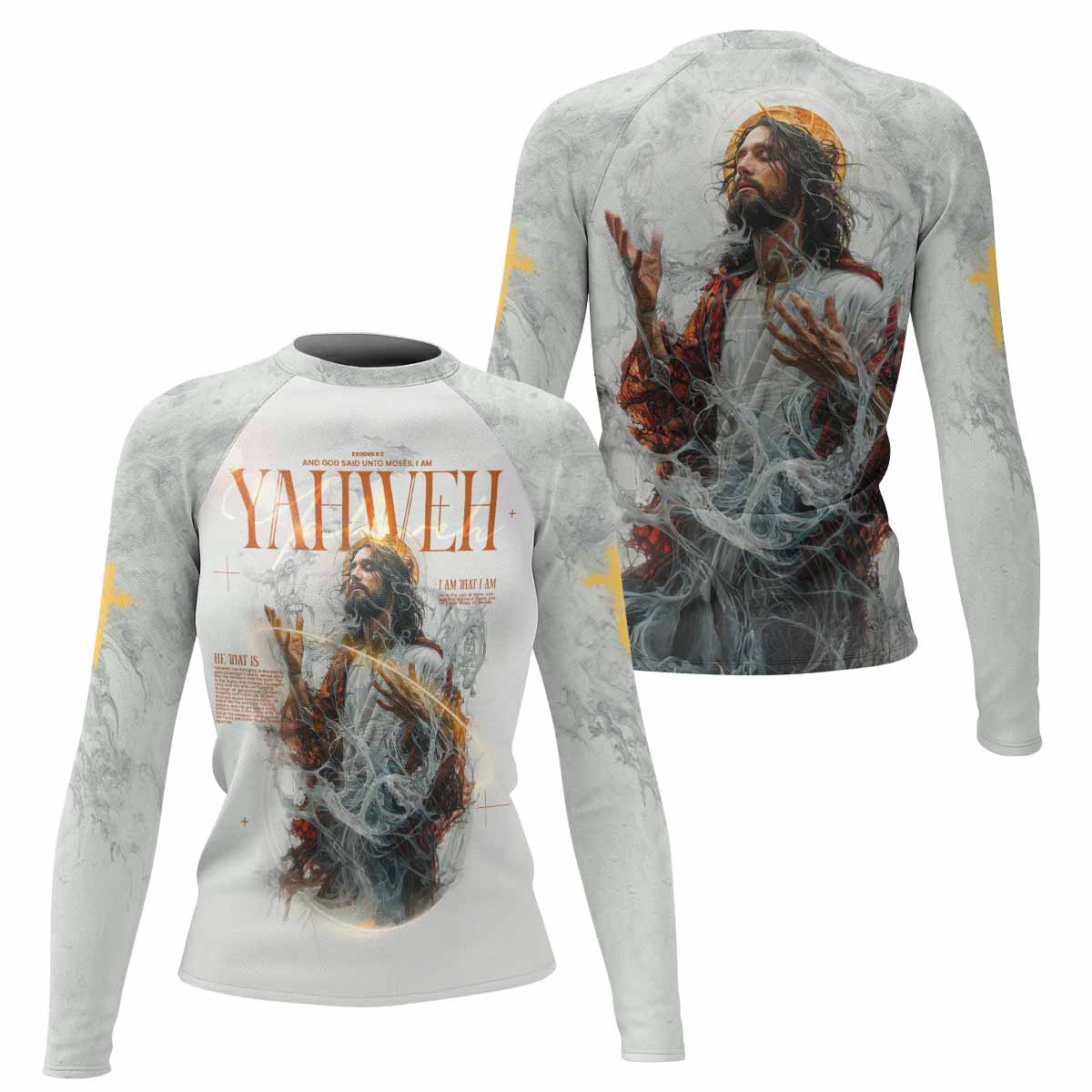 Yahweh I Am That I Am Women's Rash Guard Long Sleeve - front and back view
