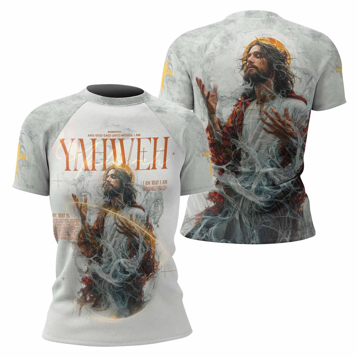 Yahweh I Am That I Am Women's Rash Guard Short Sleeve - front and back view
